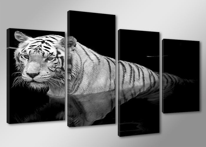 Schilderij - Tijger, Zwart-Wit, 130X80cm, 4luik afbeelding