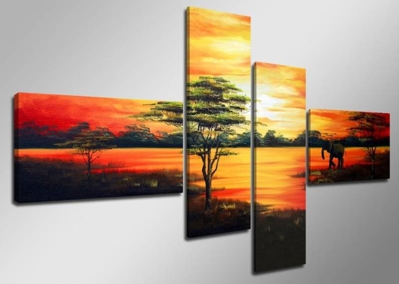 Schilderij - Afrika Natuur, Oranje, 160X70cm, 4luik afbeelding