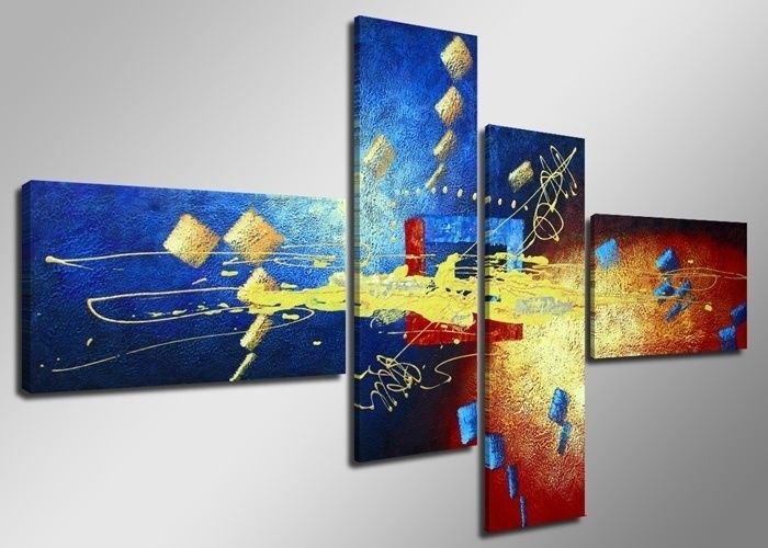 Schilderij - Abstract, Blauw/Geel, 160X70cm, 4luik afbeelding