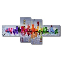 Schilderij - Abstract Skyline, Multi-gekleurd, 160X70cm, 4luik