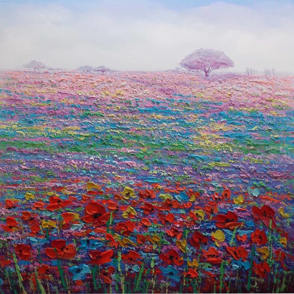 Schilderij -Handgeschilderd - Bloemenveld 100x100cm afbeelding