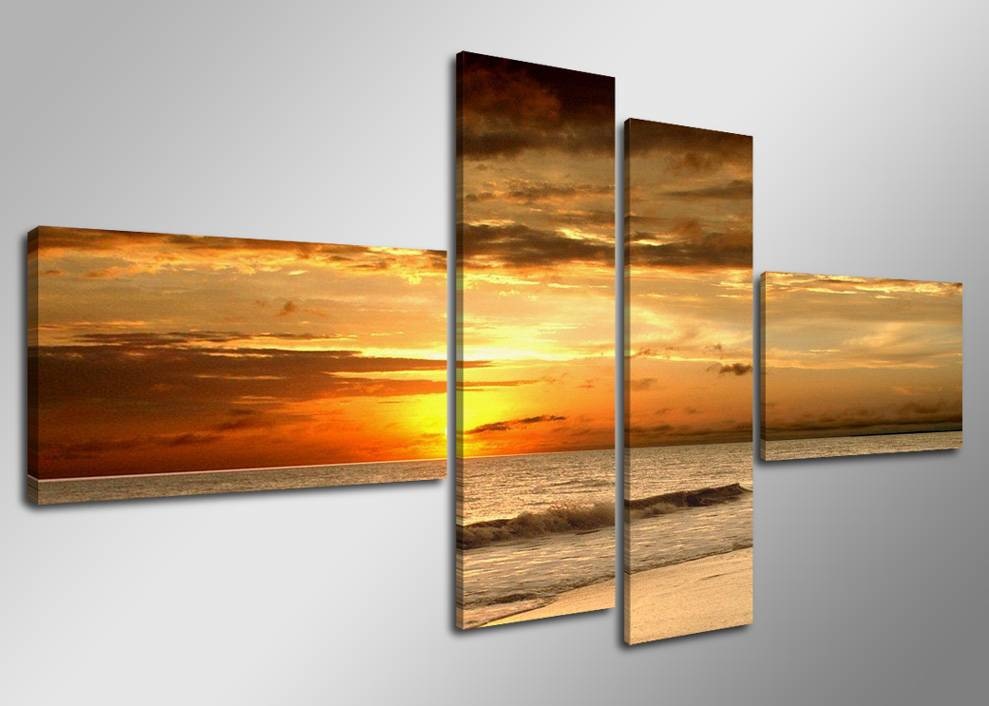 Schilderij - Zon, Zee, Strand, Oranje, 160X70cm, 4luik afbeelding