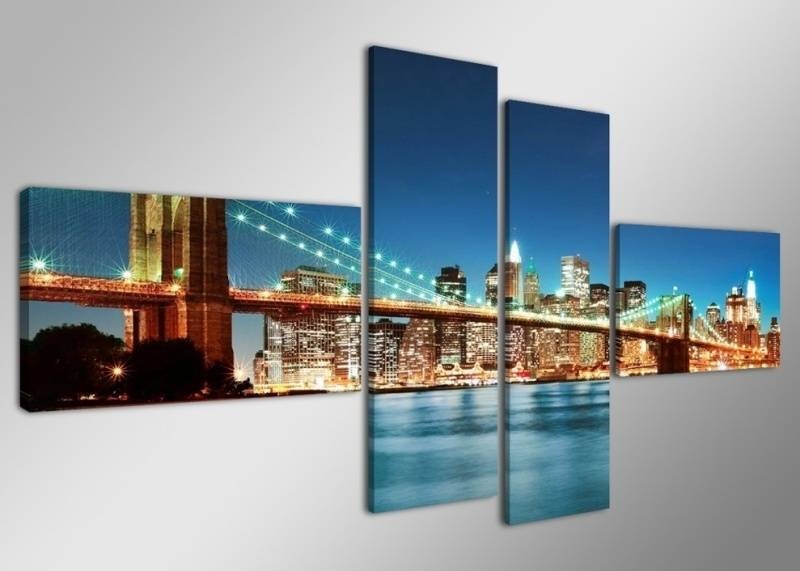 Schilderij - Skyline/New York, Blauw, 160X70cm, 4luik afbeelding