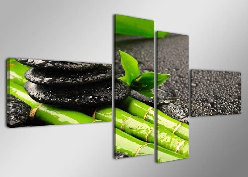 Schilderij - Bamboe Stenen, Groen/Zwart, 160X70cm, 4luik afbeelding