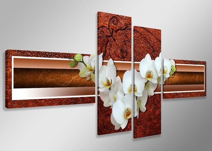 Schilderij - Witte Orchidee, Bruin, 160X70cm, 4luik afbeelding