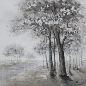 Schilderij -Handgeschilderd- Oever met bomen , zwart wit 100x100cm Schilderij -Handgeschilderd- Oever met bomen , zwart wit 100x100cm