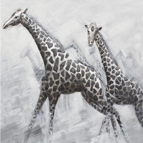 Schilderij -Handgeschilderd - Giraffen - zwart wit 100x100cm Schilderij -Handgeschilderd - Giraffen - zwart wit 100x100cm