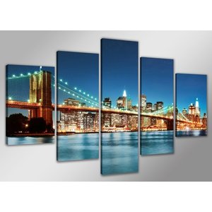 Schilderij - Skyline New York, Blauw 200X100cm, 5luik