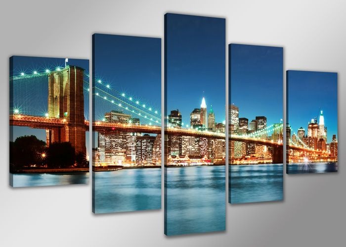 Schilderij - Skyline New York, Blauw 200X100cm, 5luik afbeelding
