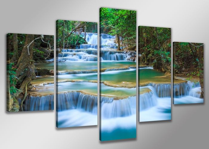 Schilderij - Waterval XXL, Blauw/Groen, 200X100cm, 5luik afbeelding