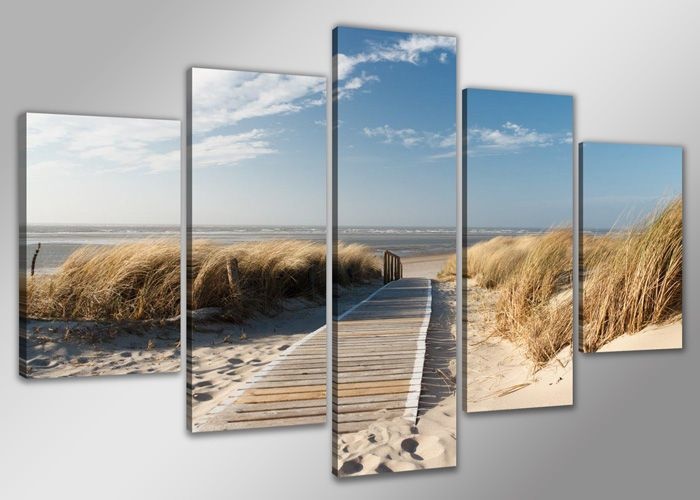 Schilderij - Noordzee XXL, Blauw/Beige, 200X100cm, 5luik afbeelding