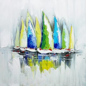 Schilderij -Handgeschilderd - Zeilboten met blauw , groen , gele zeilen - 100x100cm Schilderij -Handgeschilderd - Zeilboten met blauw , groen , gele zeilen - 100x100cm