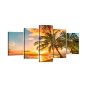 Schilderij - Palmboom Strand, multi-gekleurd, 200X100cm, 5luik