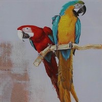 Schilderij -Handgeschilderd - Papegaaien op stok - multikleur - 100x100cm Schilderij -Handgeschilderd - Papegaaien op stok - multikleur - 100x100cm