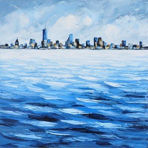 Schilderij -Handgeschilderd - Skyline - blauw wit - 100x100cm Schilderij -Handgeschilderd - Skyline - blauw wit - 100x100cm