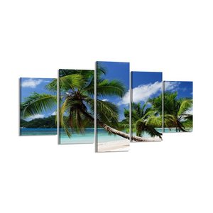 Schilderij - Palmboom, Groen/Blauw, 200X100cm, 5luik Schilderij - Palmboom, Groen/Blauw, 200X100cm, 5luik