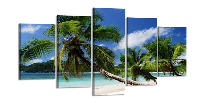 Schilderij - Palmboom, Groen/Blauw, 200X100cm, 5luik afbeelding