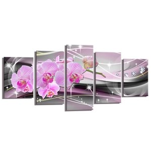Schilderij - Abstracte Orchidee, Roze/Zilver, 200X100cm, 5luik Schilderij - Abstracte Orchidee, Roze/Zilver, 200X100cm, 5luik