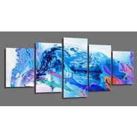 Schilderij - Abstracte Golf, Blauw, 200X100cm, 5luik