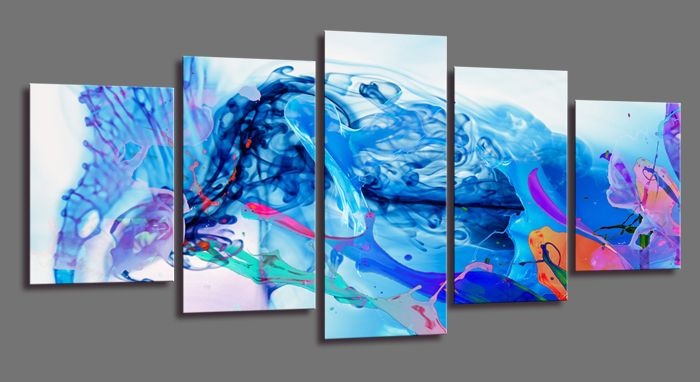Schilderij - Abstracte Golf, Blauw, 200X100cm, 5luik afbeelding