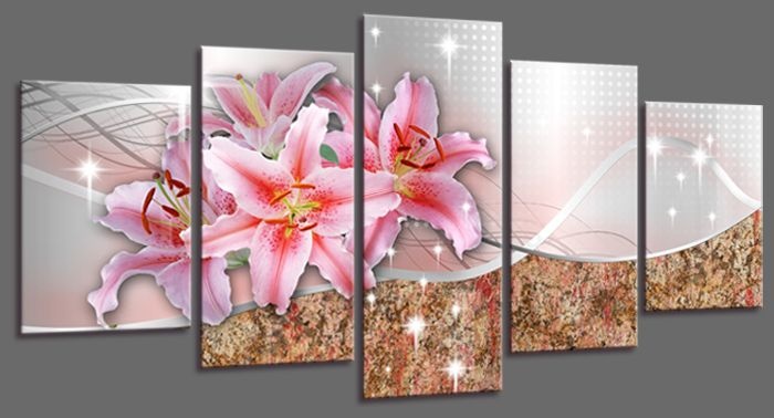 Schilderij - Roze Lelie, 200X100cm, 5luik afbeelding