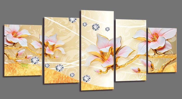 Schilderij - Abstracte Bloesem, Goud/Geel, 200X100cm, 5luik afbeelding