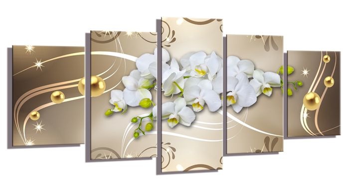 Schilderij - Abstracte orchidee, Wit/Bruin. 200X100cm, 5luik afbeelding