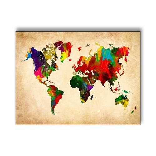 Schilderij - Wereldkaart in kleur, Multi-gekleurd, 40X30cm, 1luik