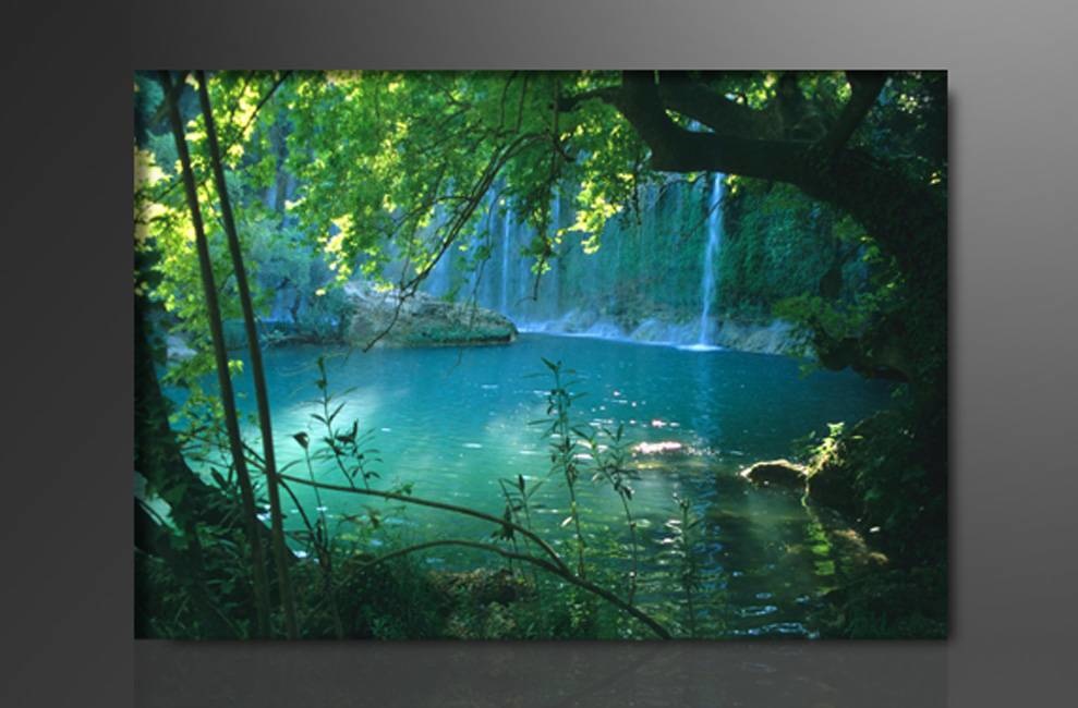 Schilderij - Waterval, Groen/Blauw, 80X60cm, 1luik afbeelding