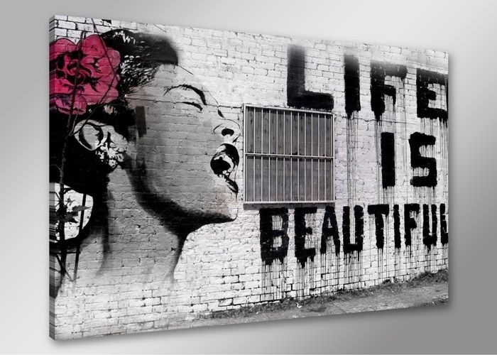 Schilderij - Banksy Life, Zwart-Wit/Roze, 80X60cm, 1luik afbeelding