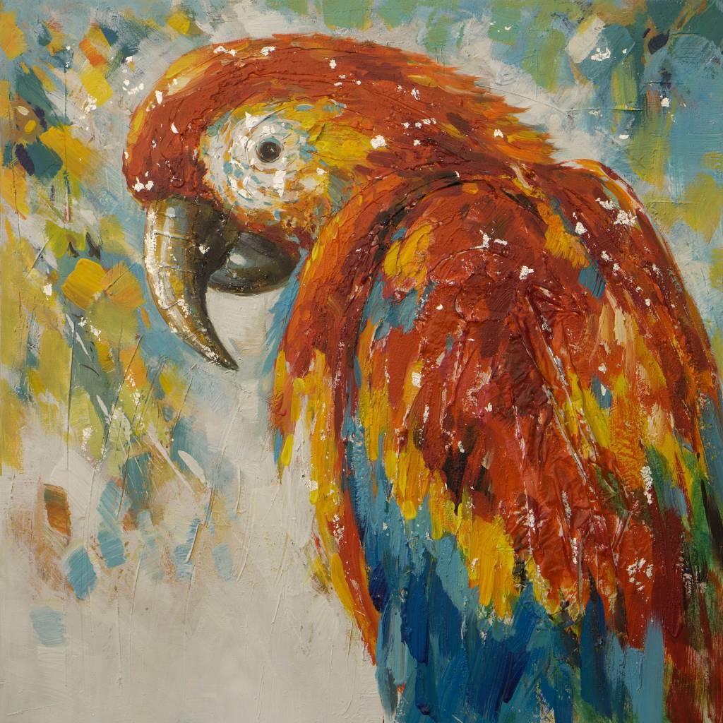 Schilderij -Handgeschilderd - Papegaai - multikleur - 100x100cm afbeelding