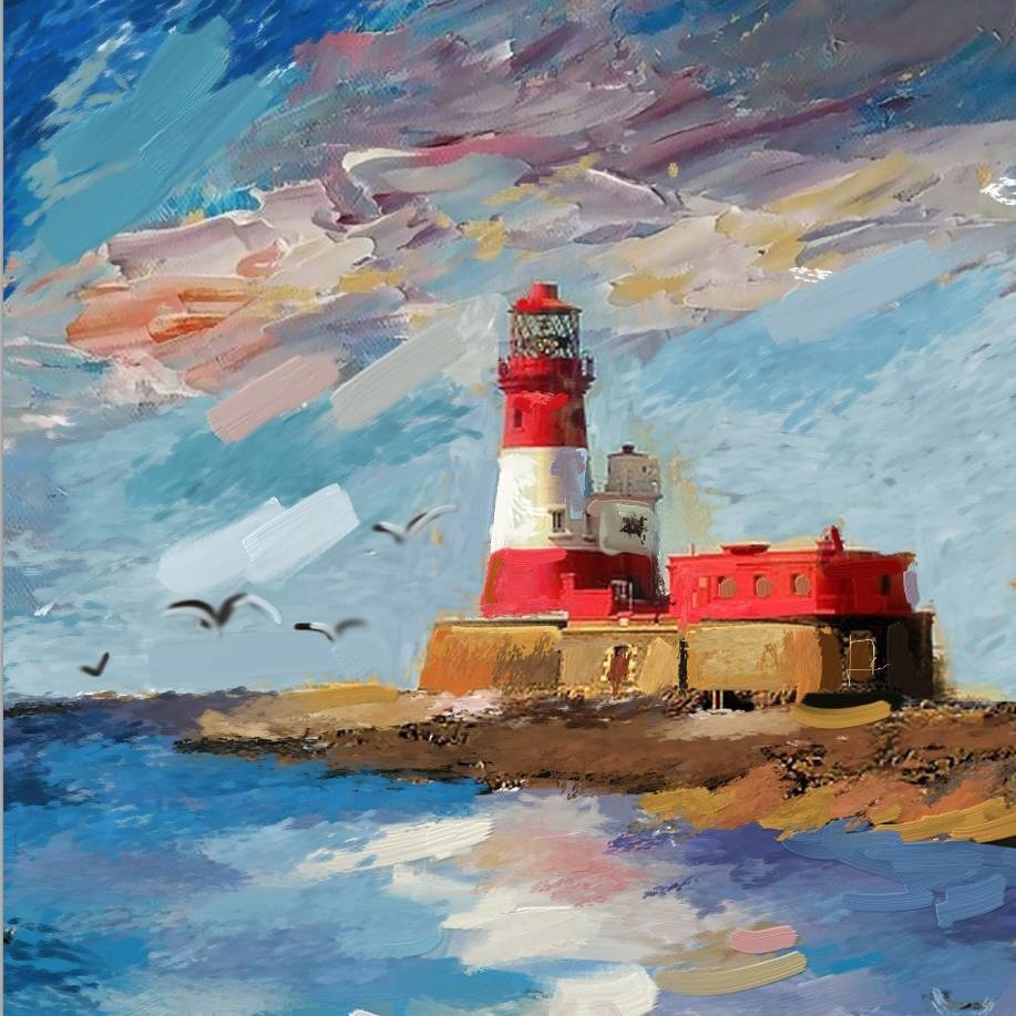 Schilderij -Handgeschilderd - Vuurtoren - multikleur - 100x100cm afbeelding