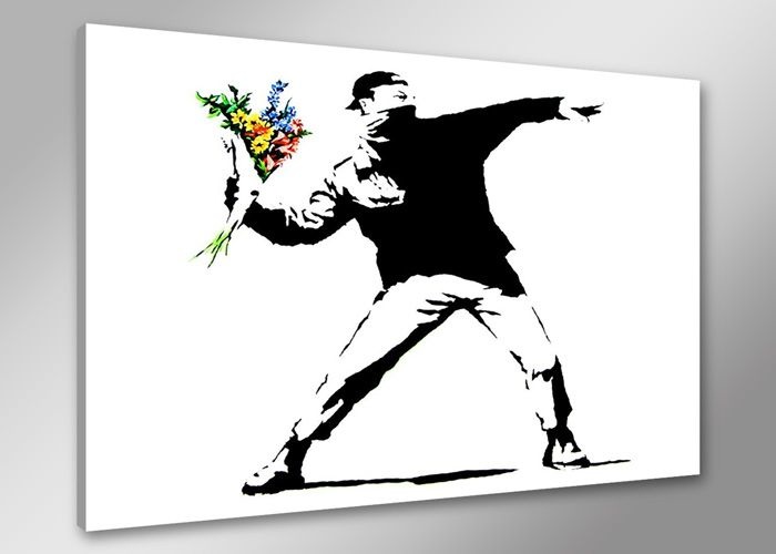 Schilderij - Banksy Boeket, Flower thrower, Zwart-Wit, 80X60cm, 1luik afbeelding