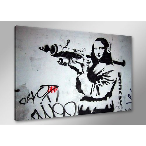 Schilderij - Banksy Mona Lisa, Zwart-Wit, 80X60cm, 1luik