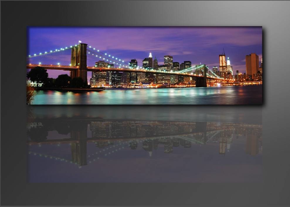 Schilderij - New York Brug, Paars/Blauw, 120X40cm, 1luik afbeelding