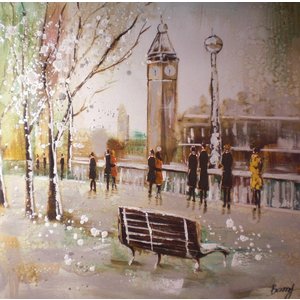 Schilderij -Handgeschilderd - Big Ben - beige bruin - 100x100cm Schilderij -Handgeschilderd - Big Ben - beige bruin - 100x100cm