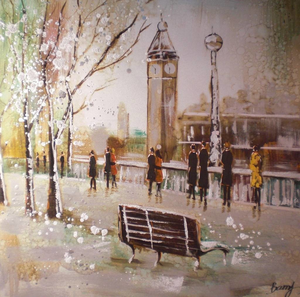 Handgeschilderd Schilderij - Big Ben - beige bruin - Schilderij -Handgeschilderd Handgeschilderd Schilderij - Big Ben - beige bruin - Schilderij -Handgeschilderd