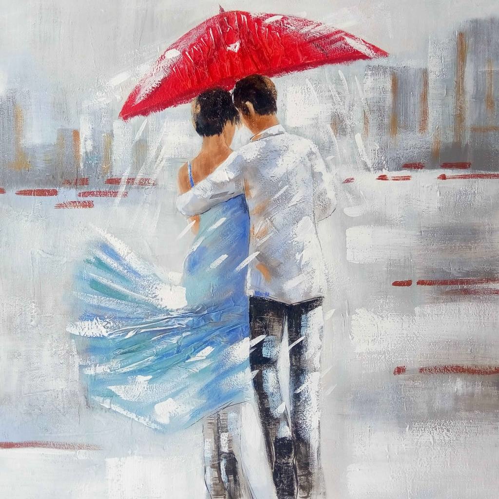 Schilderij -Handgeschilderd - Onder de paraplu - multikleur - 100x100cm Schilderij -Handgeschilderd - Onder de paraplu - multikleur - 100x100cm