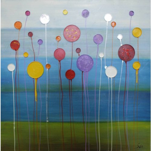 Schilderij -Handgeschilderd - Abstract bloemenveld - multikleur - 100x100cm