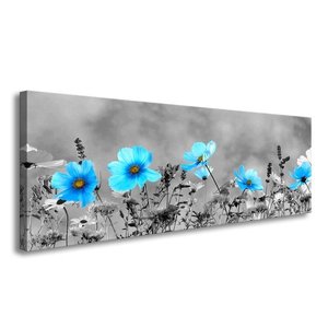 Schilderij - Veld Bloemen, Blauw/Grijs, 120X40cm, 1luik Schilderij - Veld Bloemen, Blauw/Grijs, 120X40cm, 1luik