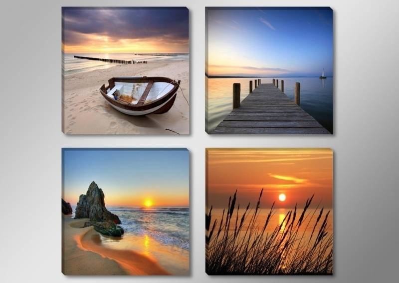 Schilderij - Boot/Strand, Multi-gekleurd, 4delen van 30X30cm afbeelding