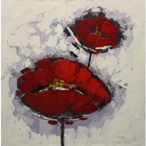 Schilderij -Handgeschilderd - Klaprozen - rood wit -  100x100cm