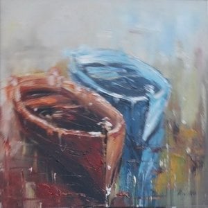 Schilderij - Handgeschilderd - Roeiboten 80x80cm
