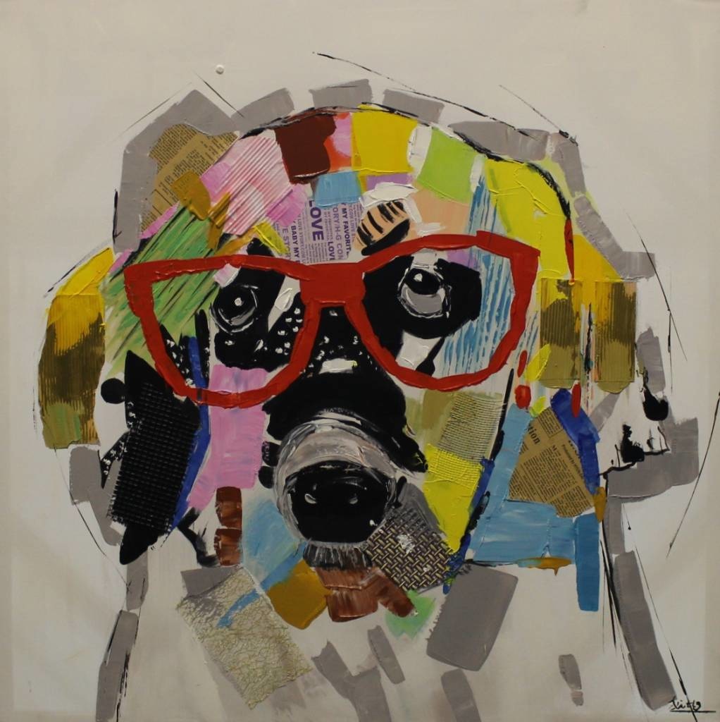 Schilderij - Handgeschilderd - Hond 80x80cm afbeelding