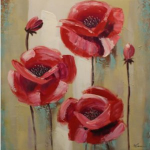 Schilderij - Handgeschilderd - Rode Klaprozen 80x80cm