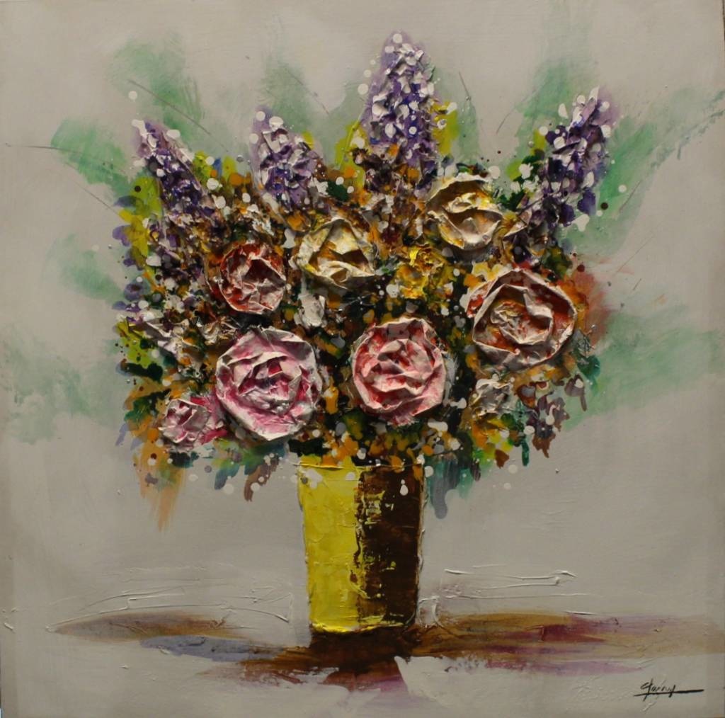 Schilderij - Handgeschilderd - Bos bloemen 80x80cm afbeelding