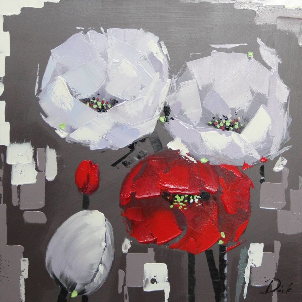 Schilderij - Handgeschilderd - Klaprozen 80x80cm afbeelding