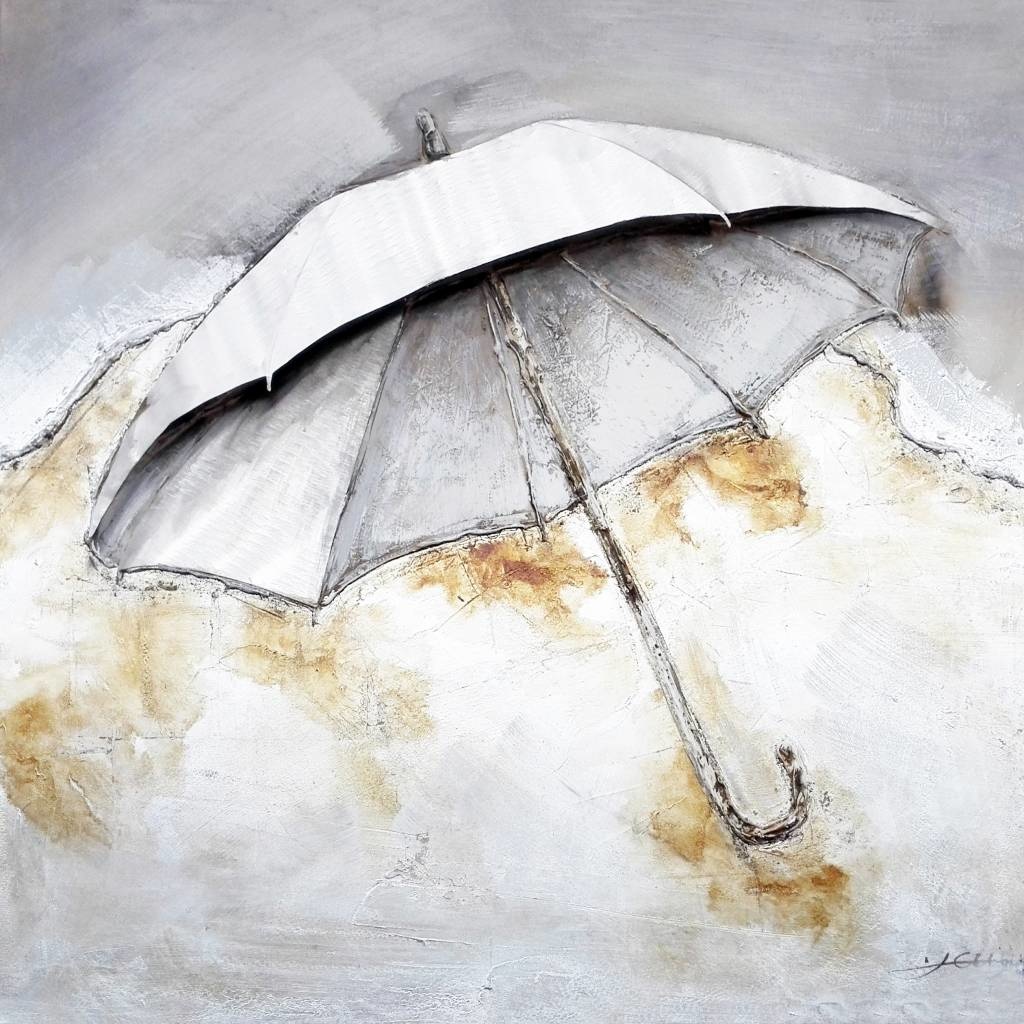 Schilderij -Handgeschilderd - Paraplu - beige wit - 100x100cm