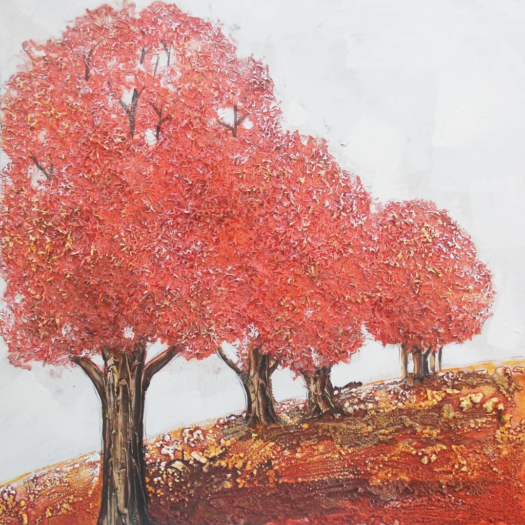 Schilderij - Handgeschilderd - Roze bomen 80x80cm afbeelding