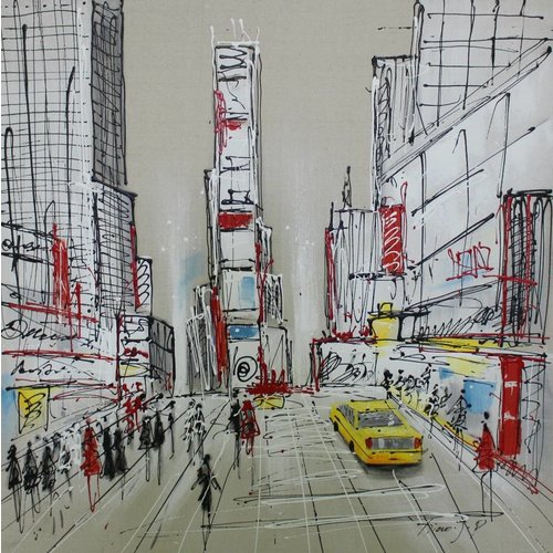 Schilderij -Handgeschilderd - Time Square - multikleur - 100x100cm